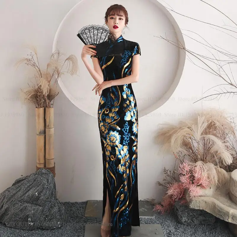 Large size velvet long cheongsam women's sequins embroidered retro Chinese dress dinner party temperament dress