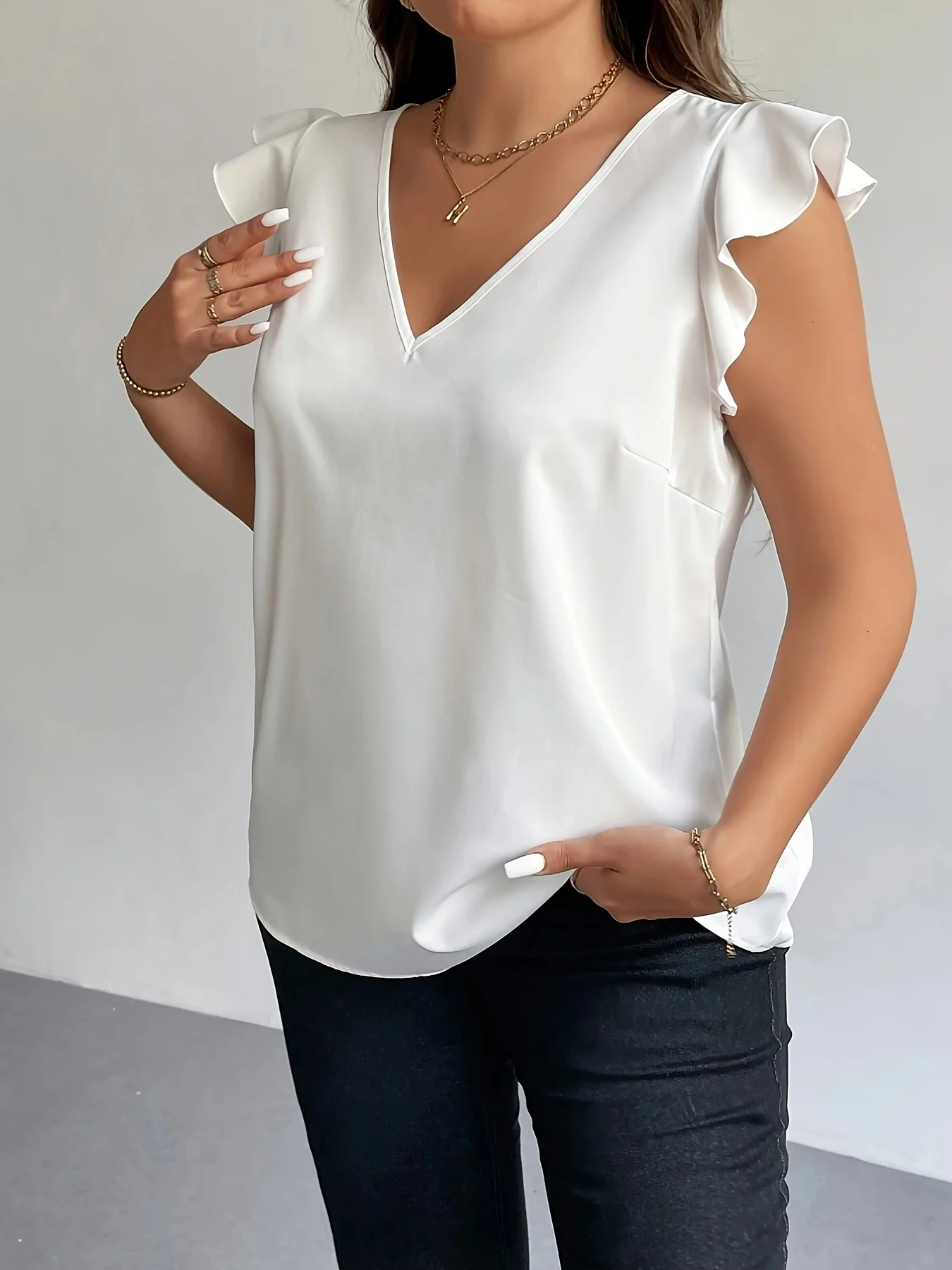 Plus Size Women's White Satin Blouse V-Neck Ruffle Sleeve Loose Casual Office Top (0XL-4XL) image 5