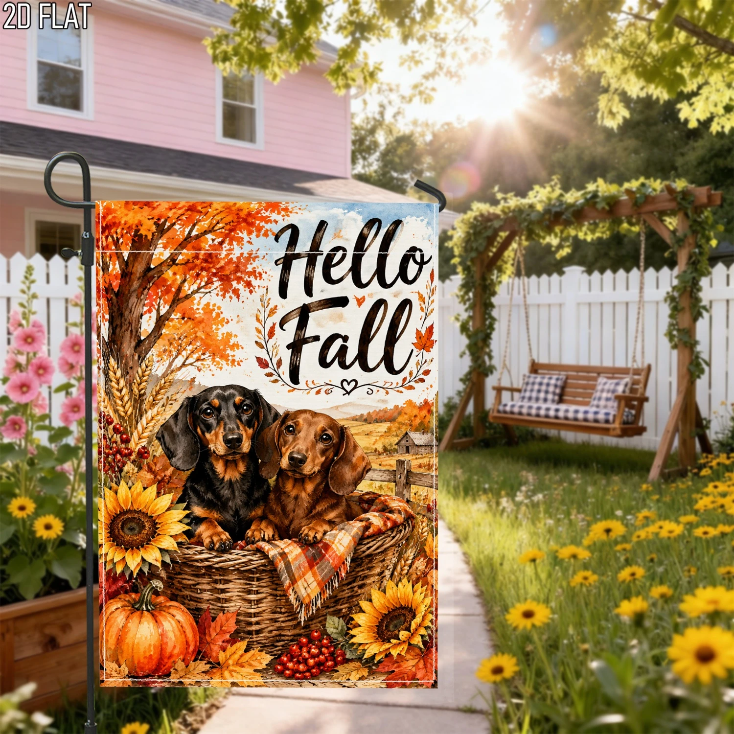 1pcs Hello Fall Dachshund Dogs Autumn Garden Flag Rustic Farmhouse Thanksgiving Yard Flag Decor