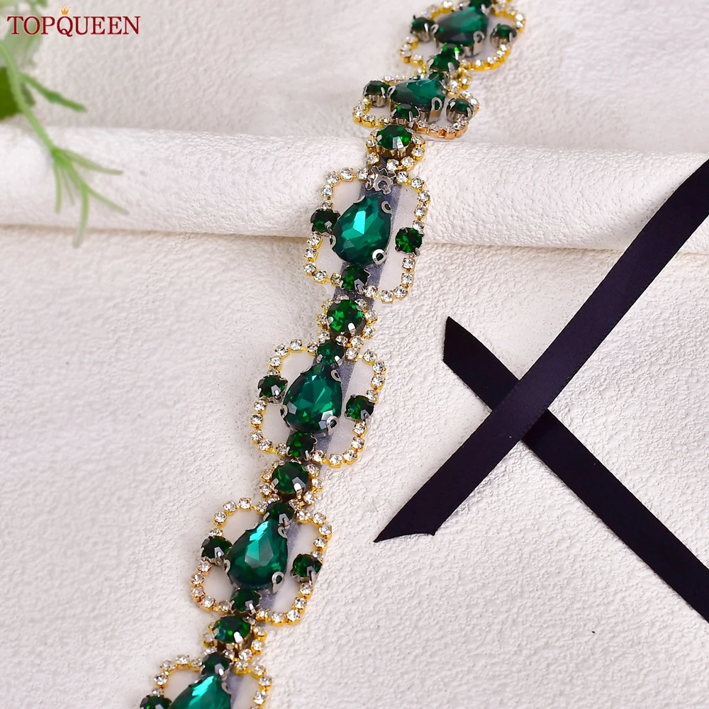 TOPQUEEN New Design Square Shape Green Rhinestone Bridal Belt Bridesmaid Waist Jewelry Wedding Important Event Dress Sash S218