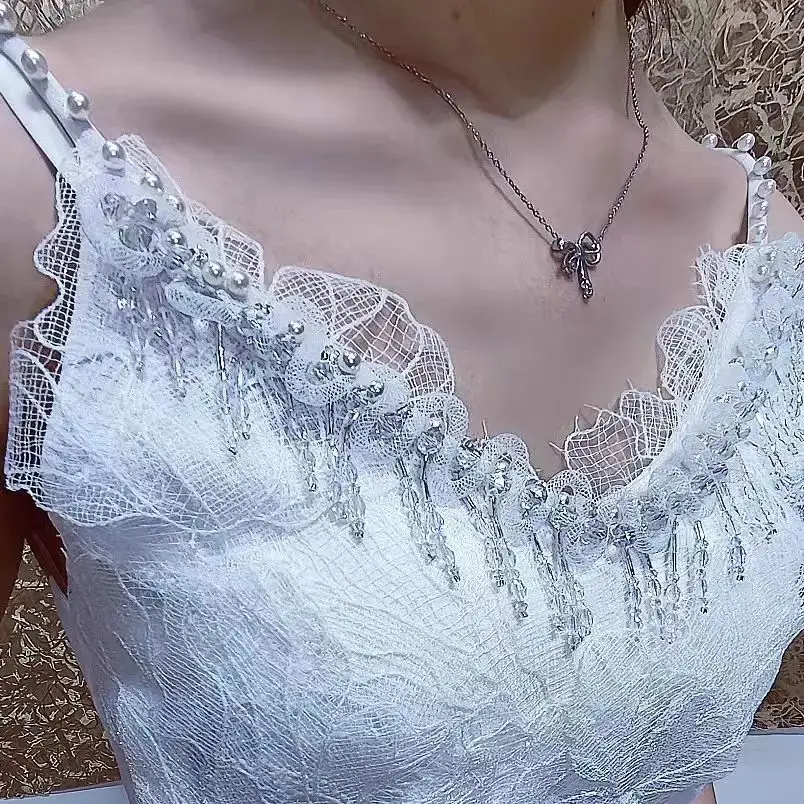 Luxury Beaded Crystal Tassel 2025 Summer Camisole Slim Vest Sexy Women Sleeveless Tee Tank Tops Female Solid White Crop Tops Y2k
