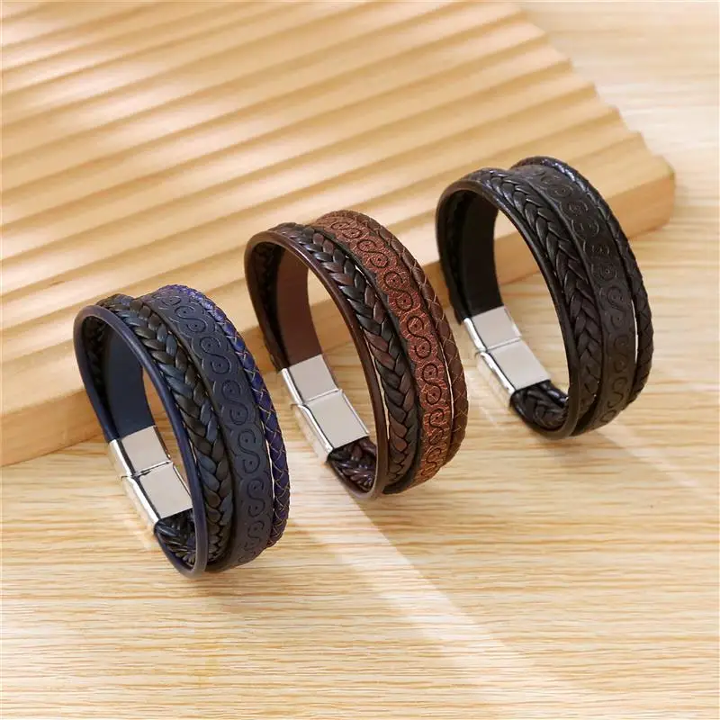 

Jiayiqi Vintage Leather Bracelets Multilayer Punk Men Bangles Stainless Steel/Alloy Magnet Male Jewelry Bracelets Gift Wholesale