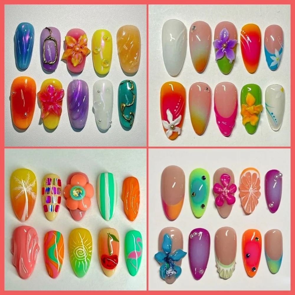 

10Pcs Handmade Artificial Full Cover Press On Nails Girls 3D Flowers Style Almond Pattern ABS Material Nail Art Salon with Set