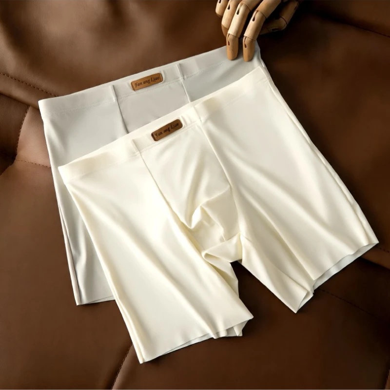 Men Trunks Long Extended Anti-Wear Legs Boxers Ice Silk Milk Leather Underwear Large Size Sports Breathable Panties Calzoncillos