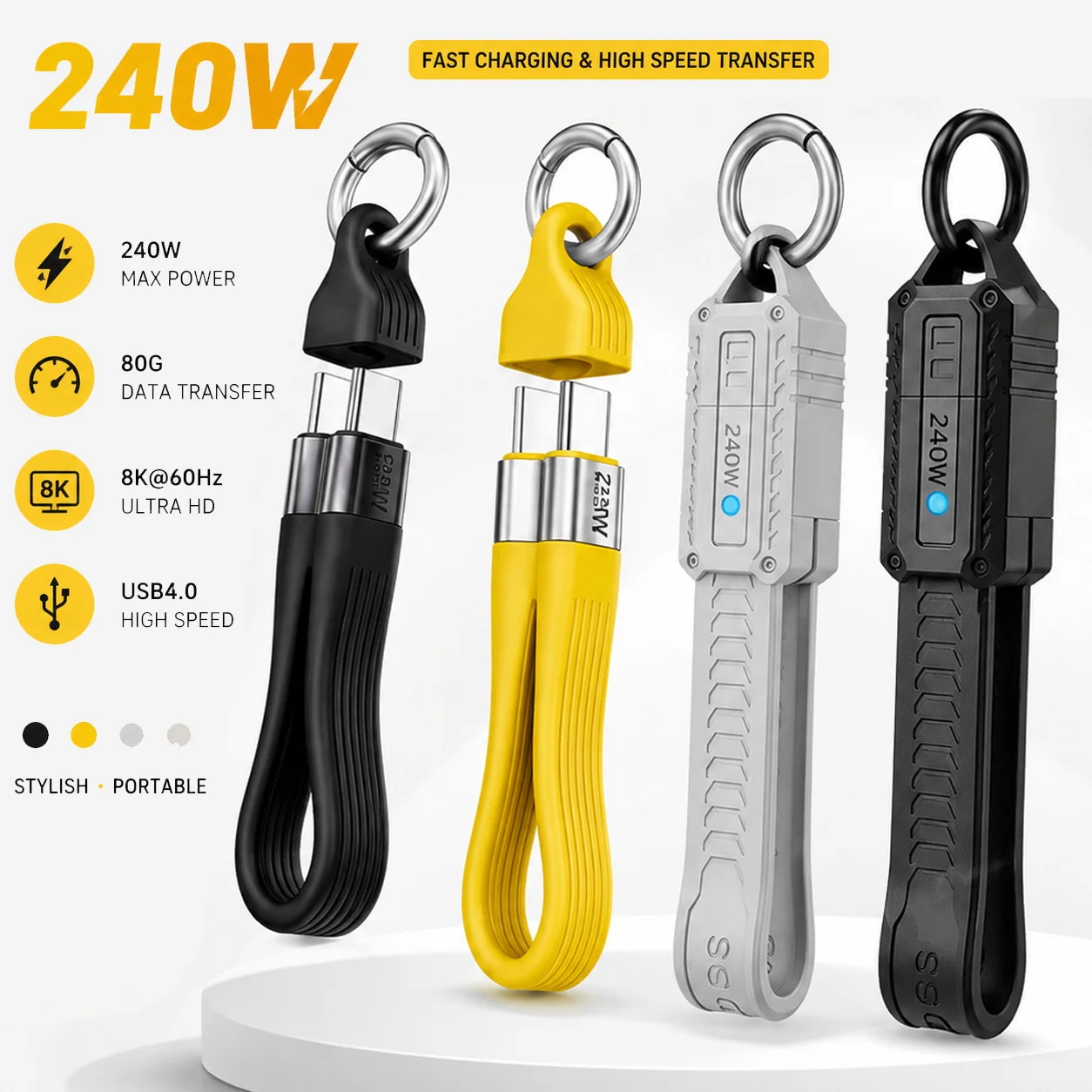 Fast Charging PD 240W USB C Keychain Cable 40/80Gbps USB Type C 4.0 Data Transfer For iPhone 16 15 MacBook Laptop Tablet