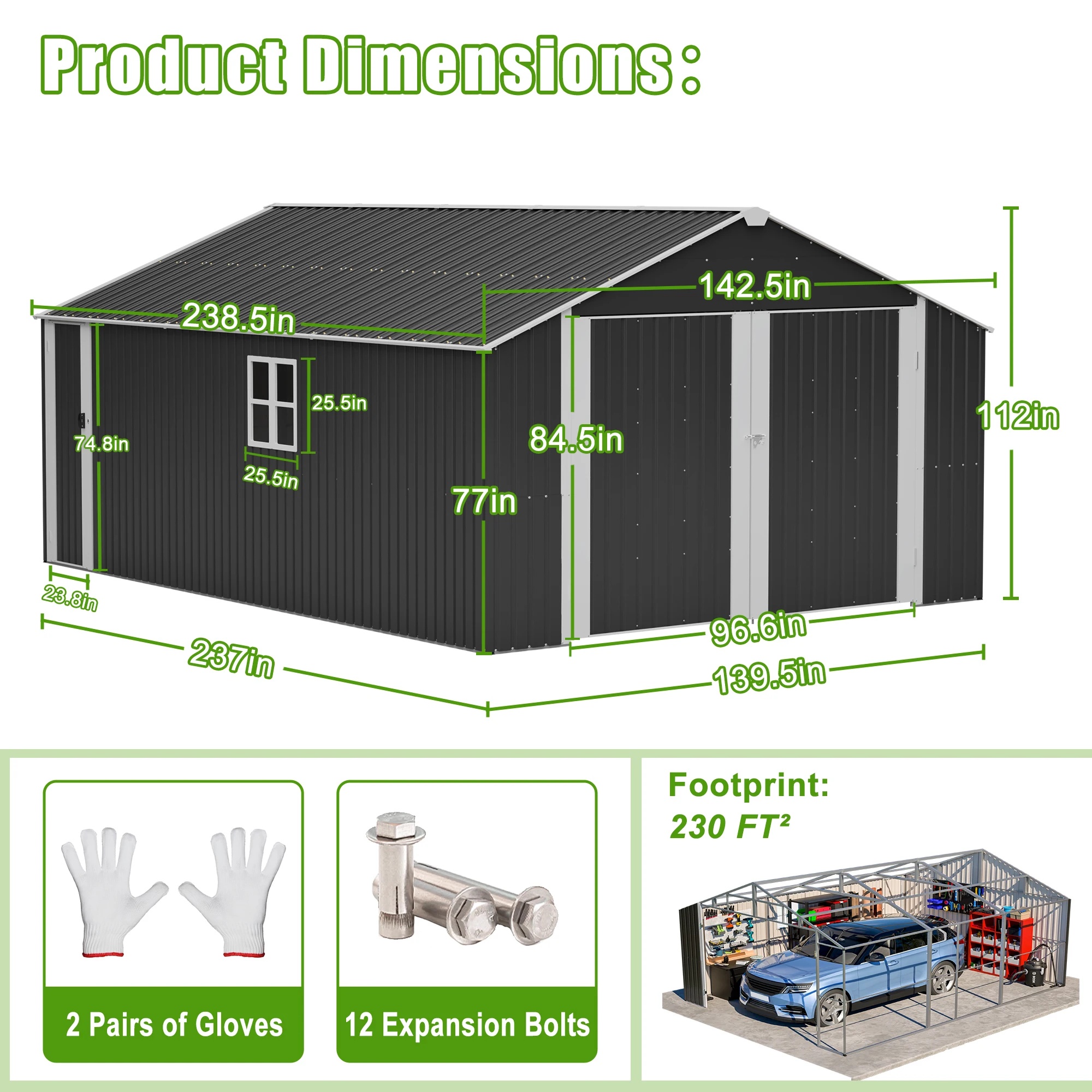 12x20 FT Black Heavy Duty Metal Outdoor Garage Shed Double Lockable Doors 1810 CUFT All Weather Storage for Vehicle Equipment