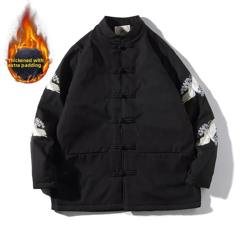 

Мужская хлопковая куртка в китайском ретро-стиле с вышивкой и пуговицами, повседневная, свободного кроя, осенне-зимнее пальто, традиционный костюм Тан