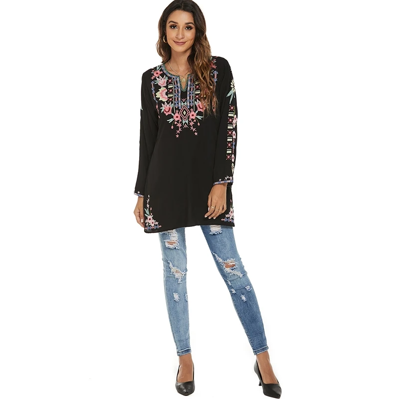 Casual Floral Embroidery Long Tunic Tops for Women Bohemian Blouses Black Vintage Embroidered Mexican Peasant Shirt Ethnic Tops