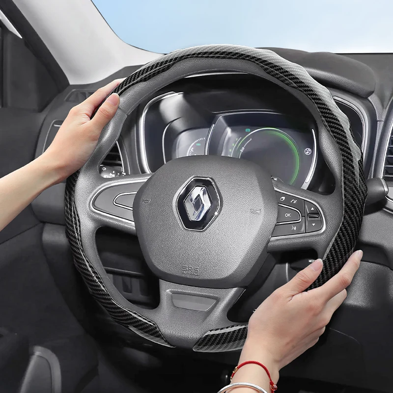 Convient pour Renault Texture de fibre de carbone Housse de volant Snap-On Design sportif Coque de protection Kardian Emblème 4 5 Electric Symbioz Captur Scenic E-Tech Rafale Master Clio Megane Kadjar Koleos