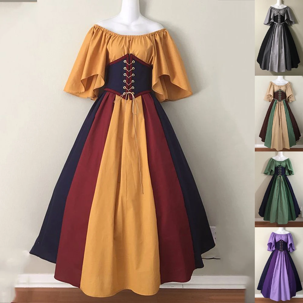 Women's Gothic Midi Dress Medieval Retro Contrast Color Splicing Flying Sleeves Lace-Up Waist Swing Skirt Cocktail Party Dresses