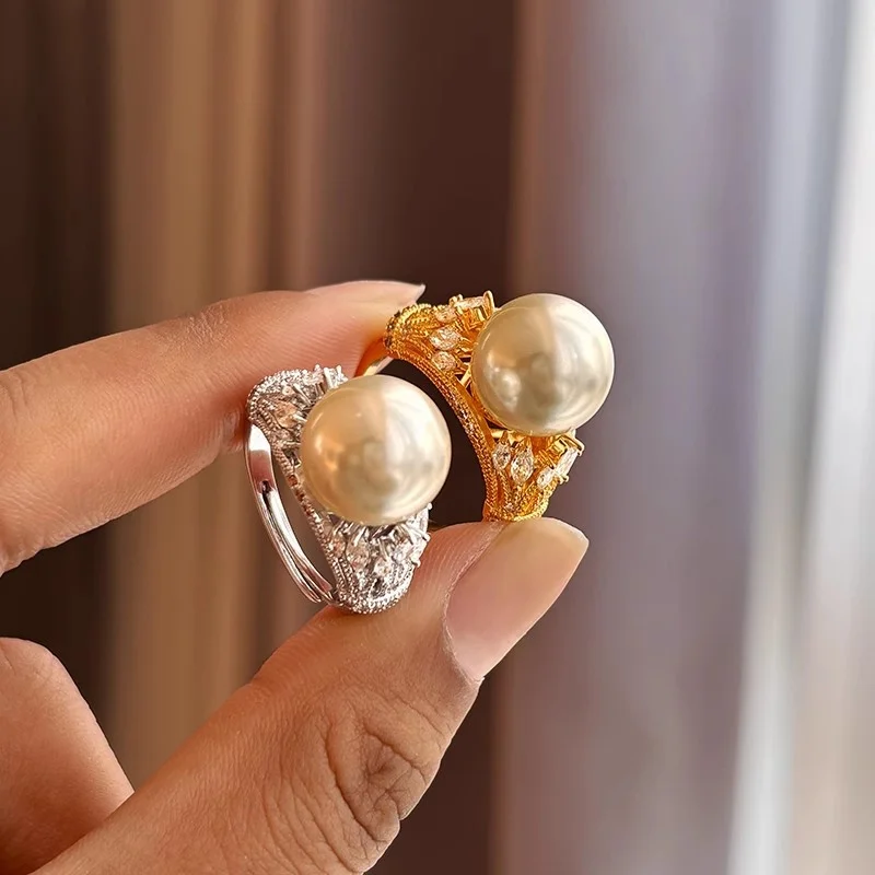 Vintage Fashion OL Large Pearl Zircon Open End Ring for Women Light Luxury High End Banquet Trend Finger Ring