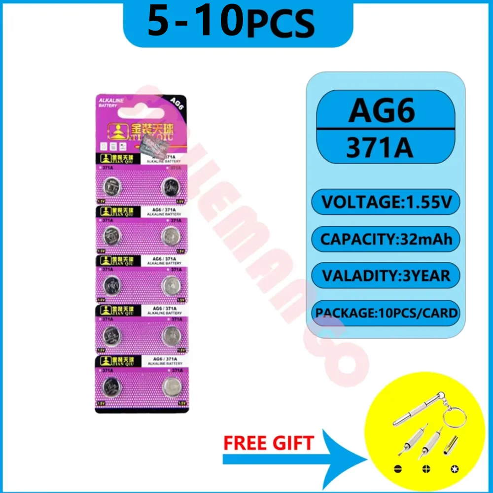 TIANQIU AG6 1.55V Alkaline Button Battery 5-10PCS 371 SR920SW LR920 SR927 171 370 L921 LR69 SR920 Coin Cell for Watch  Shipping