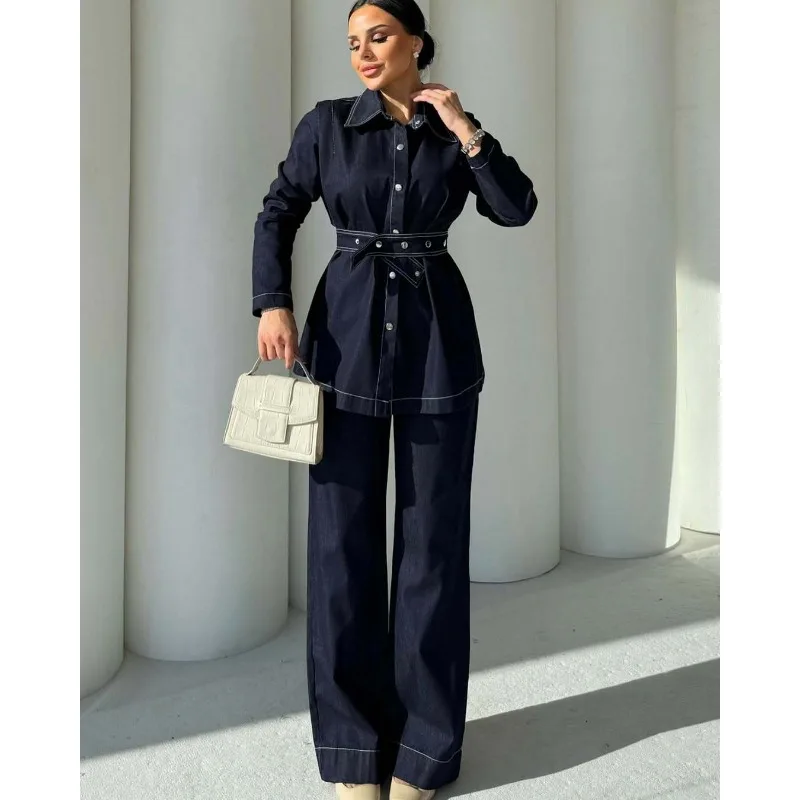 

Trendy Women's Clothing New Long Sleeves Denim Jacket Wide Legs Jeans Two-piece Set Outfit Comfortable Warm Fashion Autumn Suit