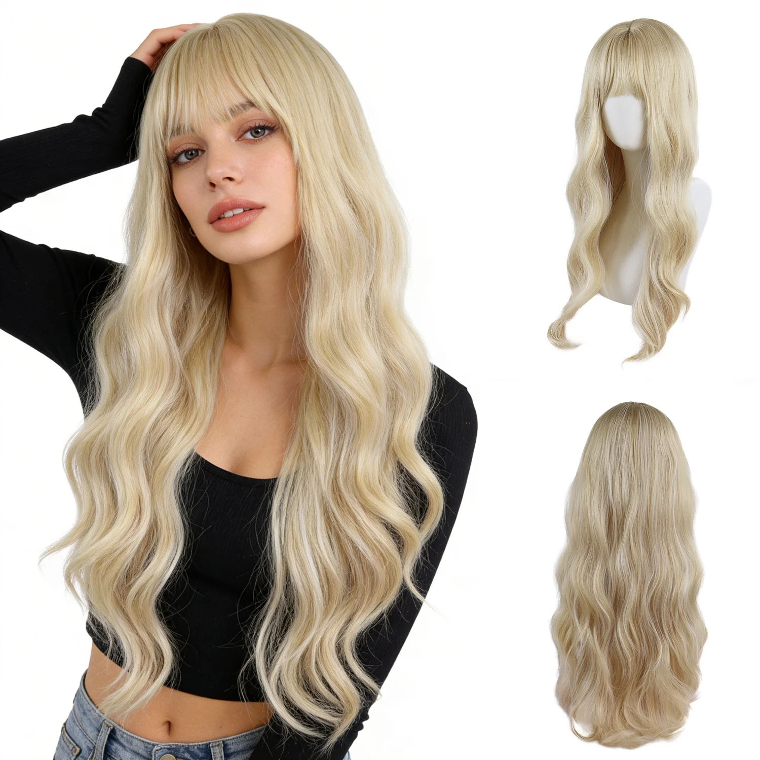 

Синтетический парик из искусственных волос, 32 дюйма, длинный, светлый, с челкой, для женщин, натуральные волнистые кудрявые прически, для повседневной носки, вечеринок, косплея, парик для мам, термостойкий