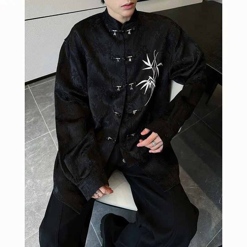 

Мужская рубашка TANGZ Studio с длинным рукавом, вышивкой и цветочным узором, воротник-стойка, из дышащего полиэстера, для тяжелых работ