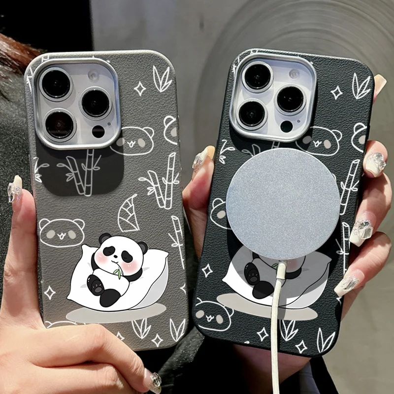 Funda blanda con textura de cuero para Magsafe, funda magnética con patrón de Panda para iPhone 16 15 14 Pro Max 16 15 Plus 13 12 Pro Max 11