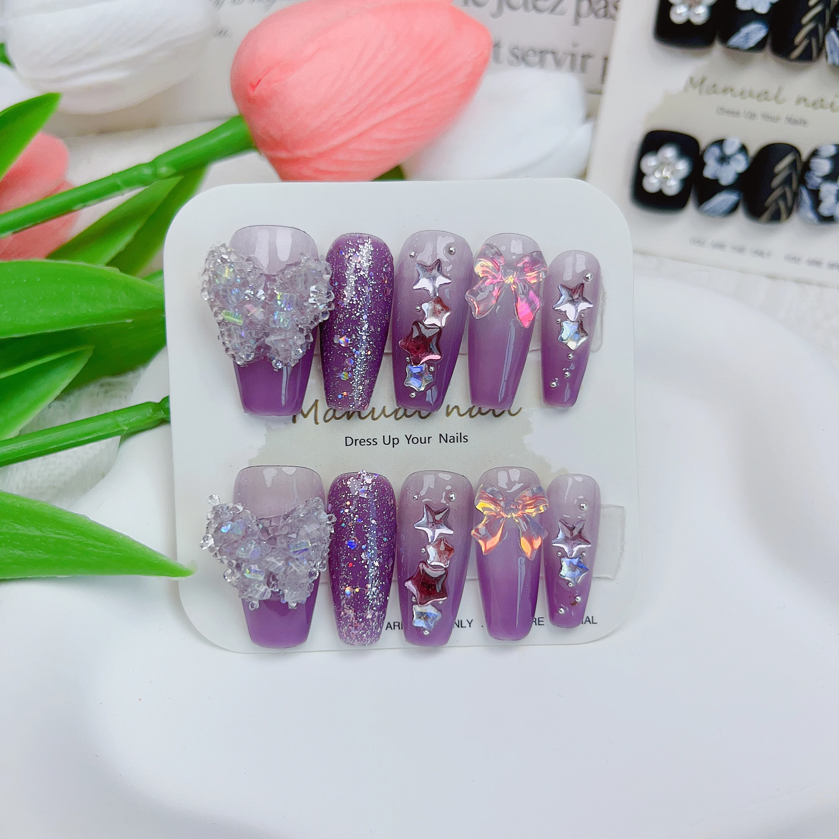 Purple Press On Nails Set with Big Butterfly and Little Stars,Luxurious and Whitening Style In Emmabeauty Store.No.2443