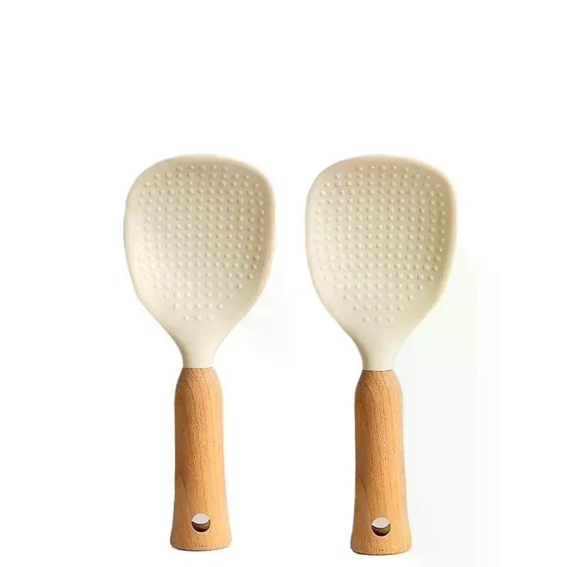 1Pcs Ergonomic Wood Handle Silicone Cooking Spoon Non-stick Heat Resistant for Kitchen Baking Stirring Serving Food