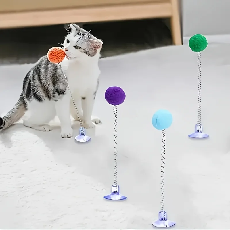 Interactive Cat Toy Set - Plush Ball, Metal Spring Stick, and Suction Cup Base |   Durable Design Stimulates Hunting Instinct, Multi-Color Realistic Hunting Toys, Fun Indoor Entertainment for Cats.
