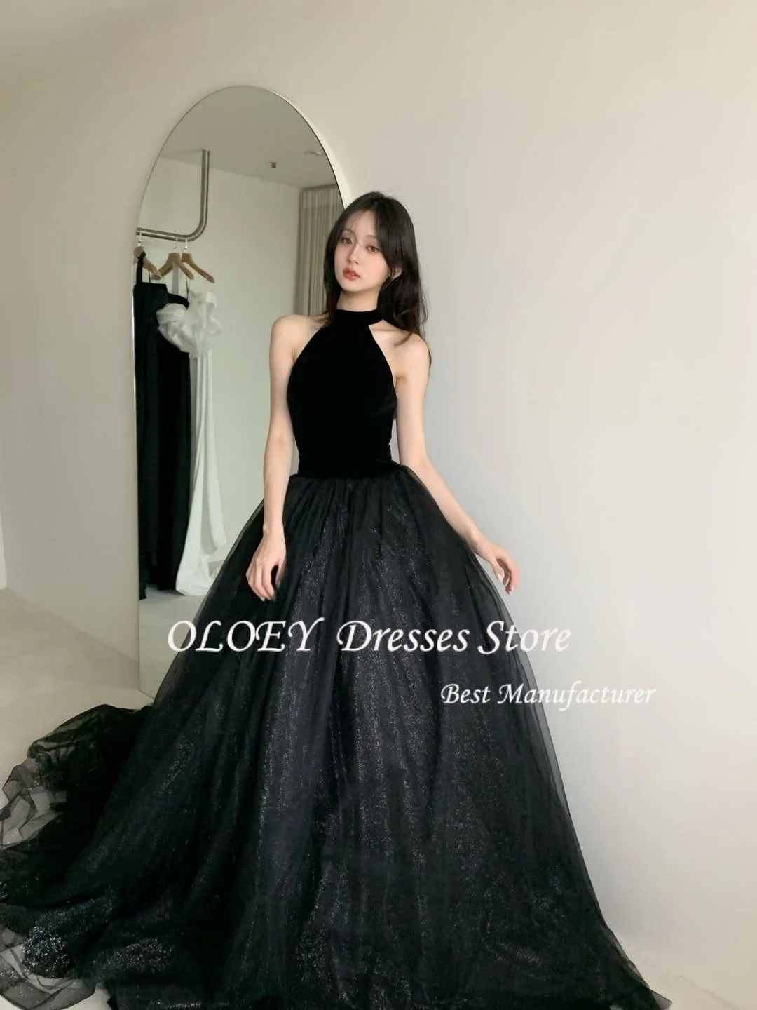 فستان OLOEY أسود على شكل حرف a مع رسن لامع للحفلات الراقصة من التول كوريا لحفلات الزفاف وأداء التقطت الصور ثوب مسائي فاخر مخصص