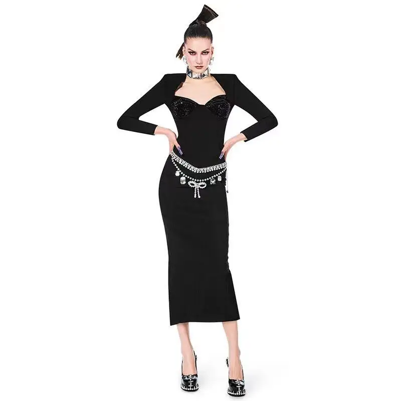 Aliexpress Amazon Hot2Color Rhinestone Low-Cut Buttock Dress European and American Fashion Party BandageDress