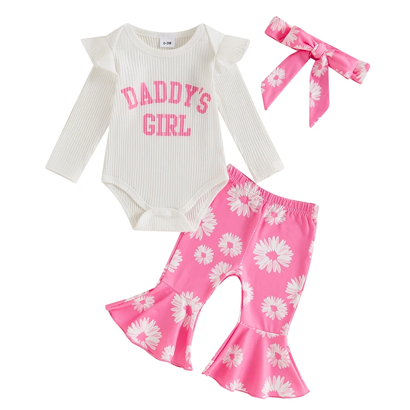 

Baby Girl Spring Outfit Letter Print Long Sleeve Ribbed Romper Flower Flare Pants Bow Headband Toddler 2 Piece Set