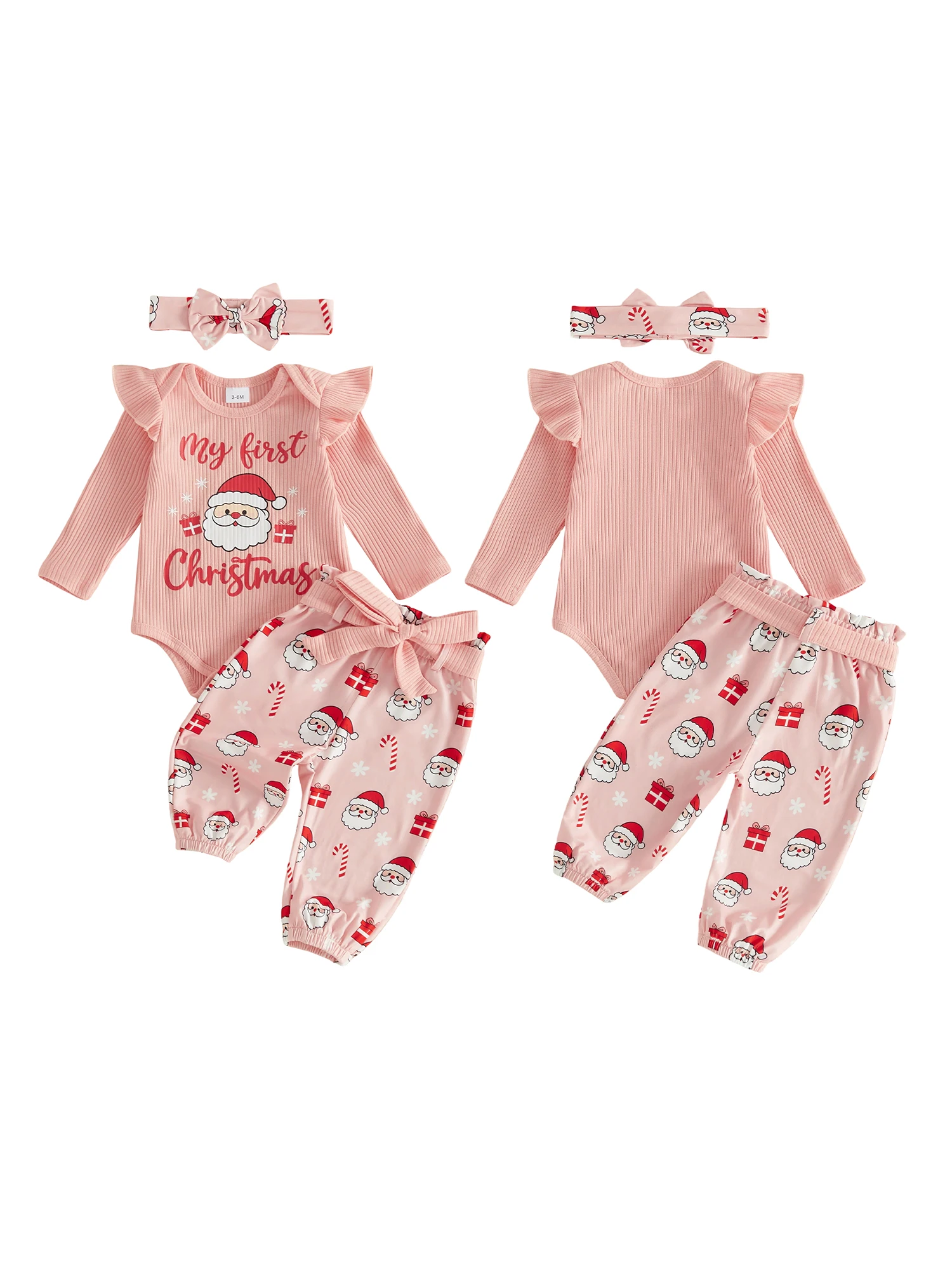 Girl-Christmas-Outfit Neck Romper Pants Sleeve Crew Neck Romper Pants Headband Christmas Outfit Long Sleeve Crew Sleeve Crew
