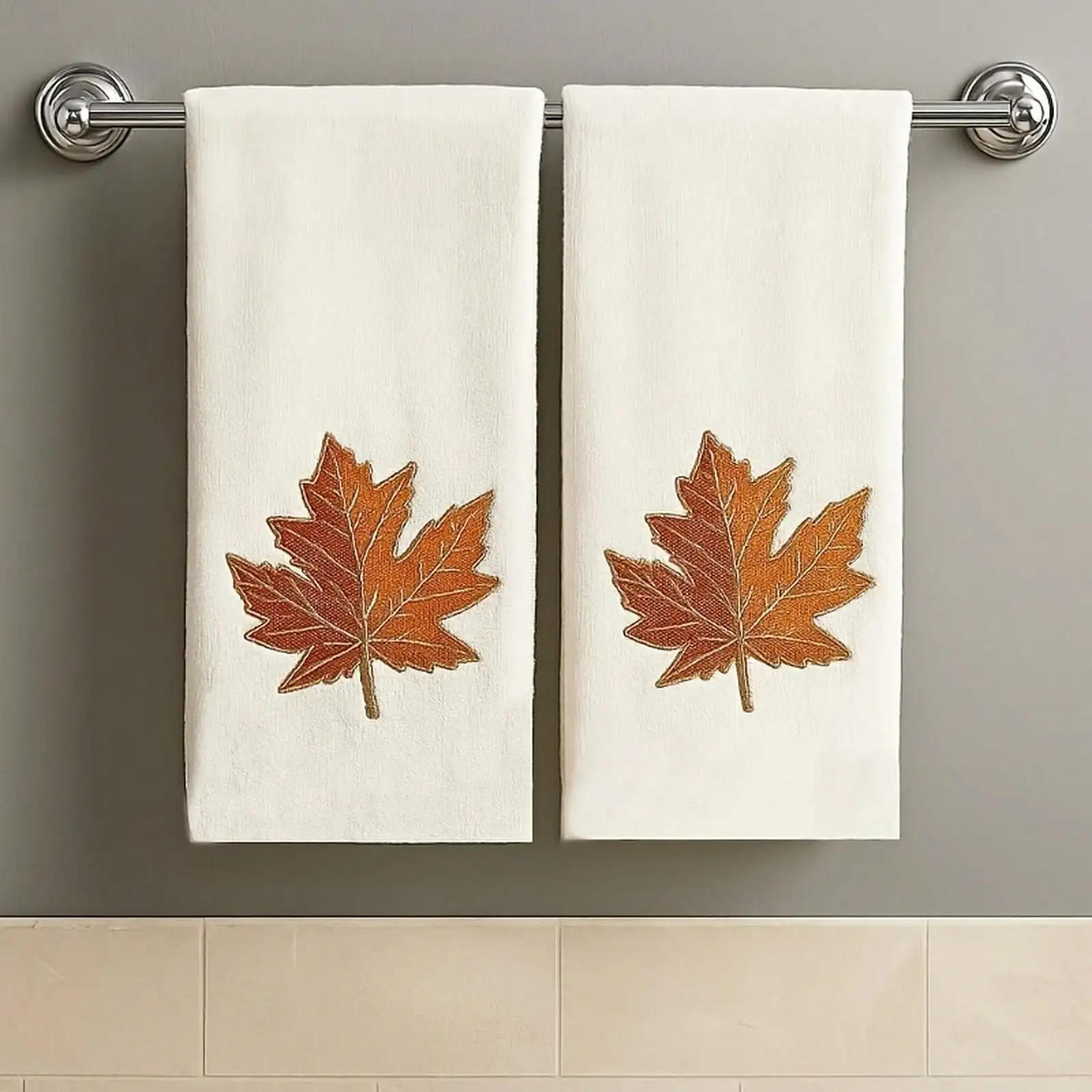 2pcs Maple Leaf Hand Towels/Red & White Canadian Maple Leaf Design/Soft Dishcloths With Hanging Loop/Decorative Fall Leaf Pattern For Bathroom, Dishes (Machine Washable)