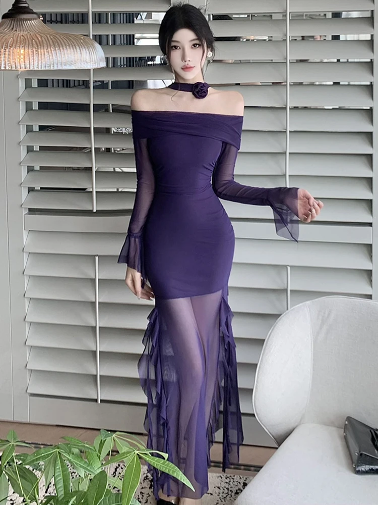 2025 Viola Maglia Patchwork Sheer Sexy Increspato Abito Lungo Donne Elegante Slash Neck Vestito Sexy Autunno Inverno Coreano Vestito Aderente