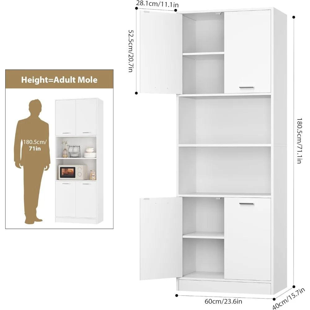 Armoire de garde-manger de cuisine, armoire de garde-manger de 71 grandes planches Chi avec portes, étagères réglables, armoire de rangement utilitaire gratuite