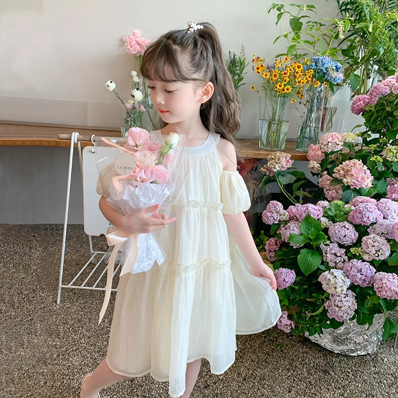 Puffy Sleeves Bare Shoulders Wrinkle Fabric Chiffon Solid Color Kids Dresses for Girls  Party Dress for Kids Girl  Summer Dress