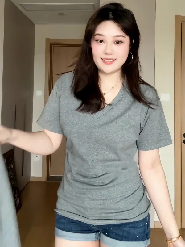 

plus Size Women's V-Neck Short Sleeve T-Shirt Korean Style Gathered Waist Gray Top Summer New Arrival Comfortable Straight Cut