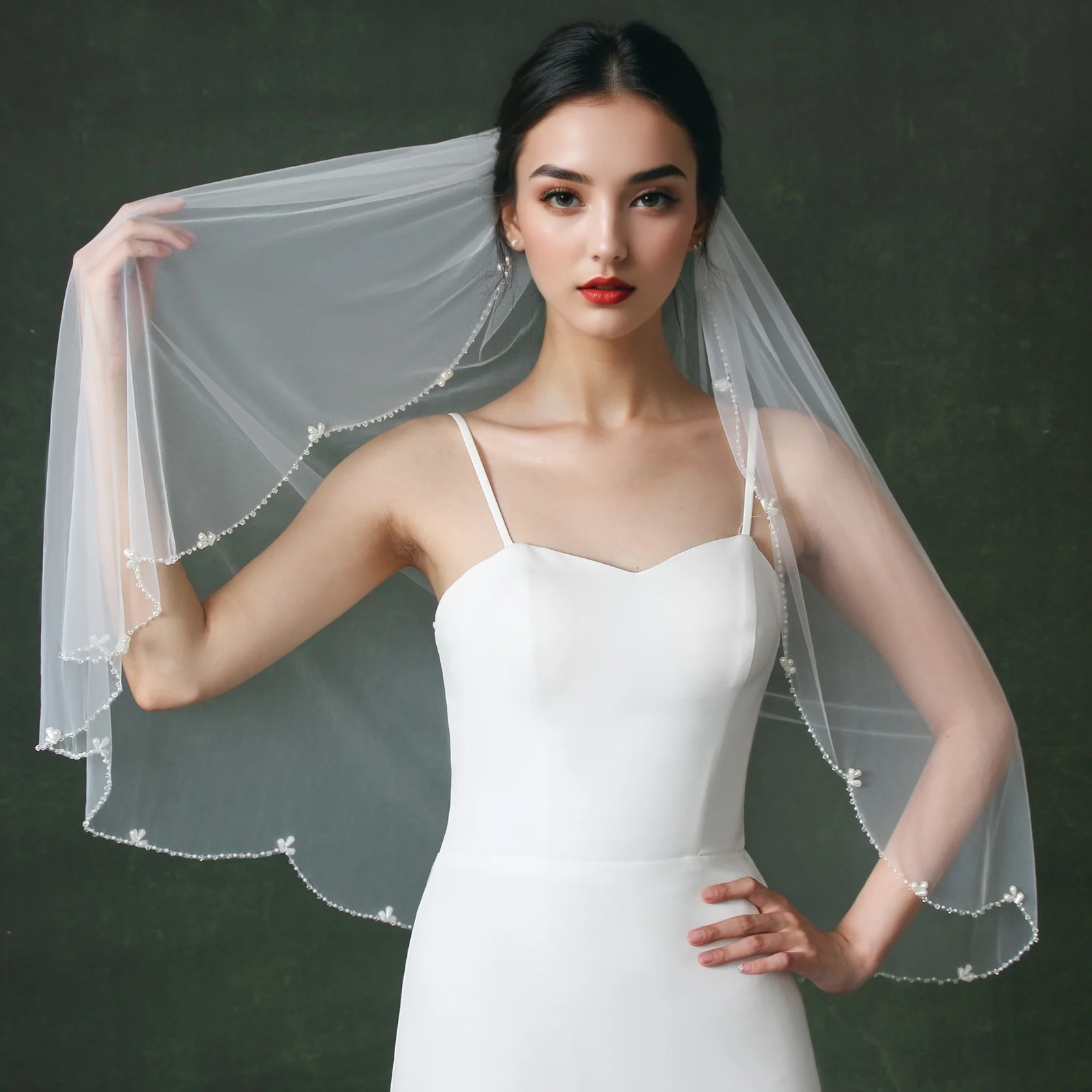 

Аксессуары для элегантных невест. Изысканная прошитая вручную белая классическая вуаль 90 см. Расческа для волос с коротким жемчугом и хрустальным кружевом G19