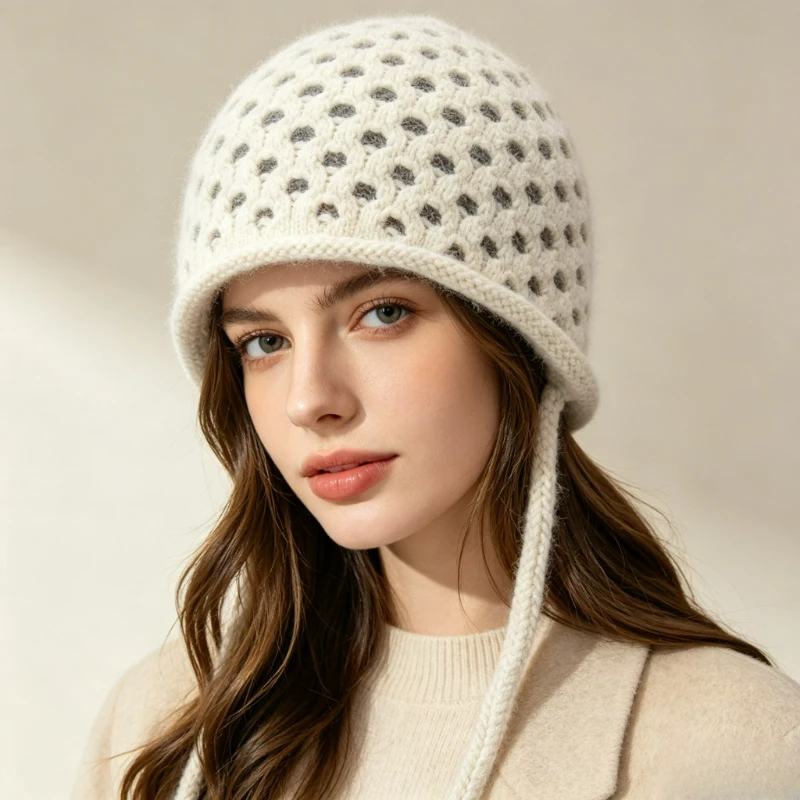 Japanese Style Hollow Ear Protector Knitted Hat Women's Autumn Winter Lace-up Headgear Retro Woven Woolen Hat Outdoor Outing