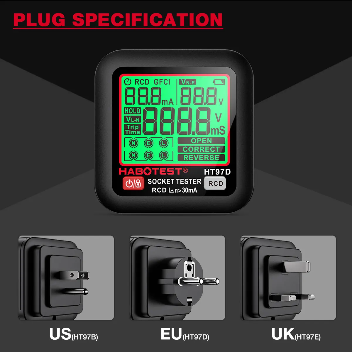 HT97 Socket Tester Pro Voltage Test LCD Digital Outlet Socket Detect US/UK/EU Plug Ground Zero Line Plug Polarity Phase Check