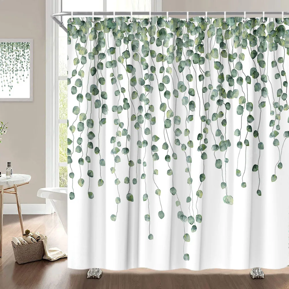 Cortinas de ducha sin olor para baño, decoración con ganchos, hojas verdes tropicales, planta sobre fondo blanco