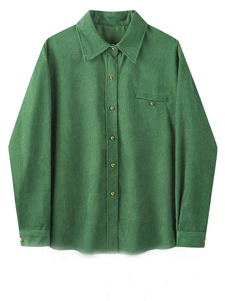 Camisas de pana verde, chaqueta para mujer, Otoño Invierno, nueva blusa de manga larga con cuello vuelto, ropa sencilla de un solo pecho, Top