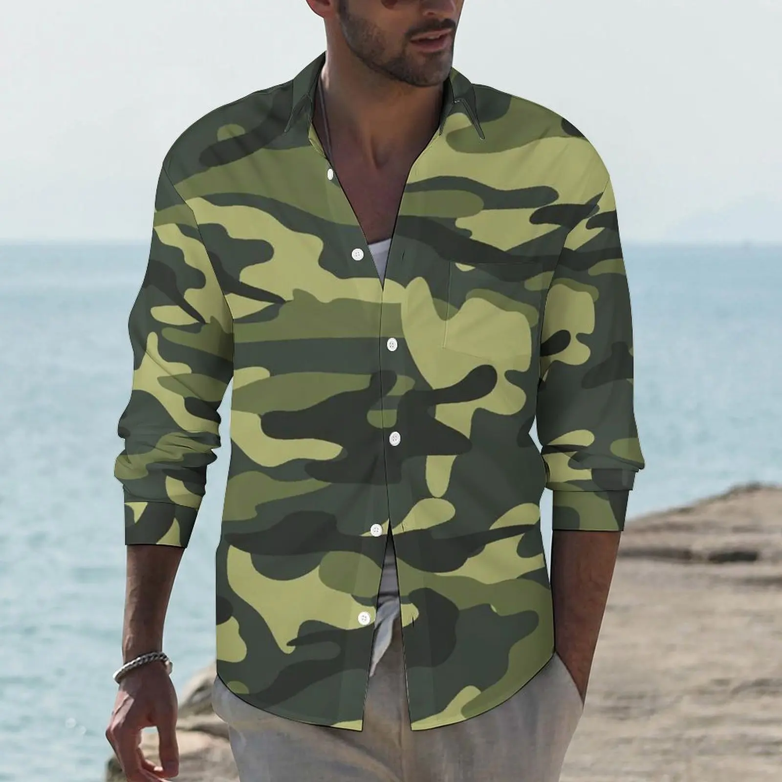 Green Camo Army Y2K Casual Shirt Men Classic Camouflage Shirt Spring Vintage Blouses Long Sleeve Graphic Oversize Tops