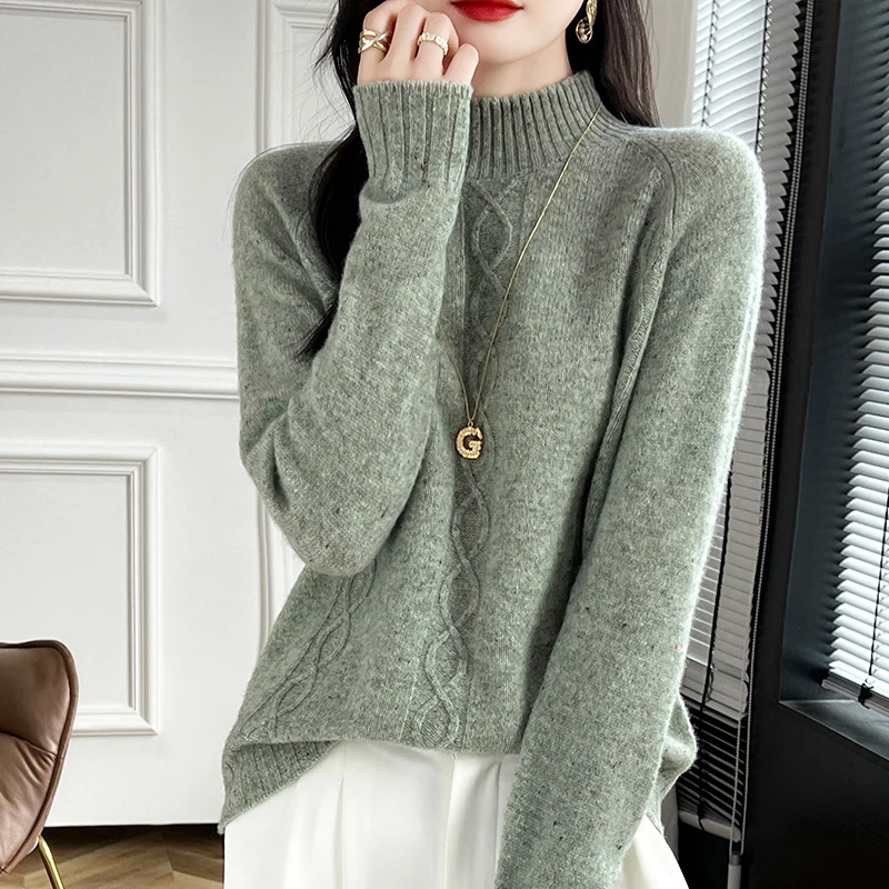 Striped spot Fall/Winter new 100% Merino wool cashmere pullover Women's semi-turtleneck pullover warm bottom knit shirt top