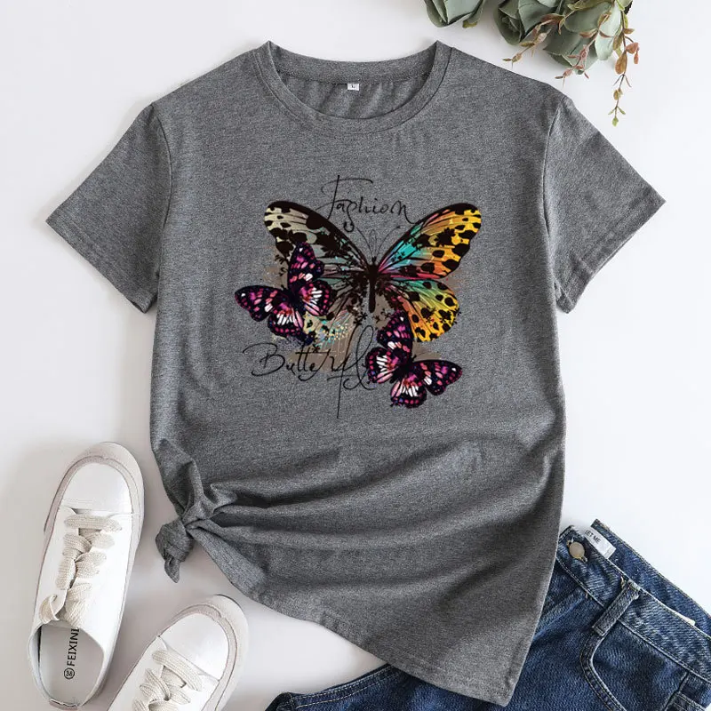 JFUNCY 2024 Fashion Women\'s T-shirts Women Cotton Tshirt Short Sleeve Tops Butterfly Graphic T Shirts Female Clothing Woman Tess