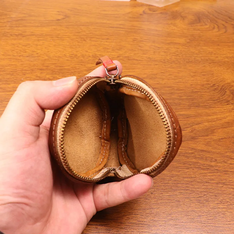 Porte-monnaie en cuir de vache véritable rétro fabriqué à la main rond vieilli sac de monnaie de changement personnalisé pour les femmes marron petit étui pour écouteurs