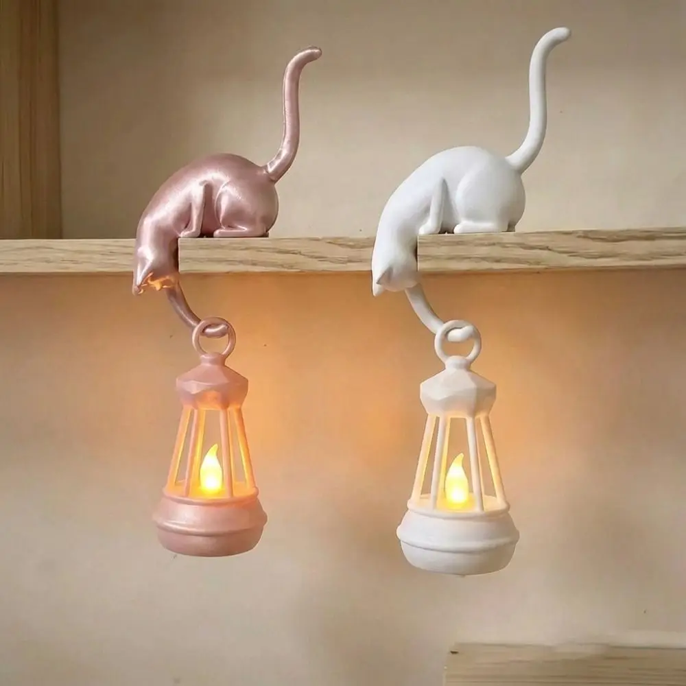 3D Printed Cat Wall Hook Light with Lantern Vintage Style Cat Decor Lamp Inverted Cat Animal Shaped Key Rack Organizer Entryway