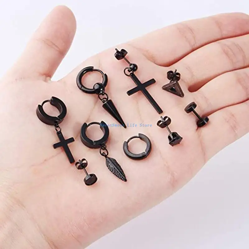 

D5QB 12Set Black Earrings for Men Women Stainless Steel Hoop Earrings Set