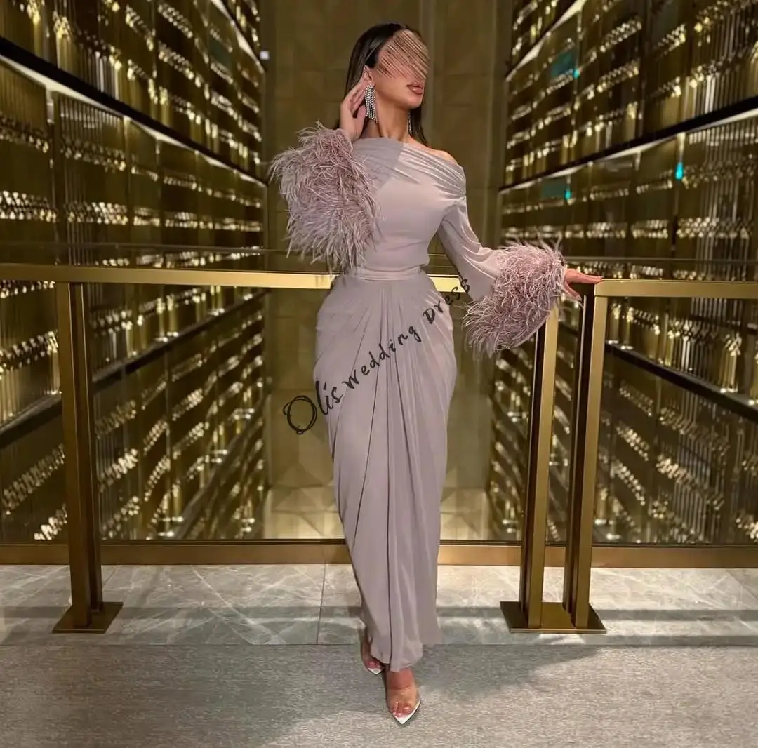 customized  One Shoulder Evening Dresses Mermaid Pleated Feathers Ankle Length Prom Dresses Elegant Formal Occasion Dress
