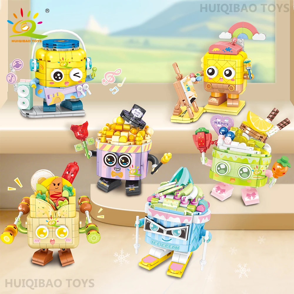 HUIQIBAO DIY Gourmet Robot Cute Popcorn Cake Machine Building Blocks Ice Cream Model Home Desk Decoration Brick Toys Adult Gift