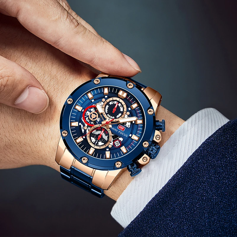MINI FOCUS MF0398G Sports Fashion Watches Men Chronograph Waterproof Blue Stainless Steel Band Quartz Watch