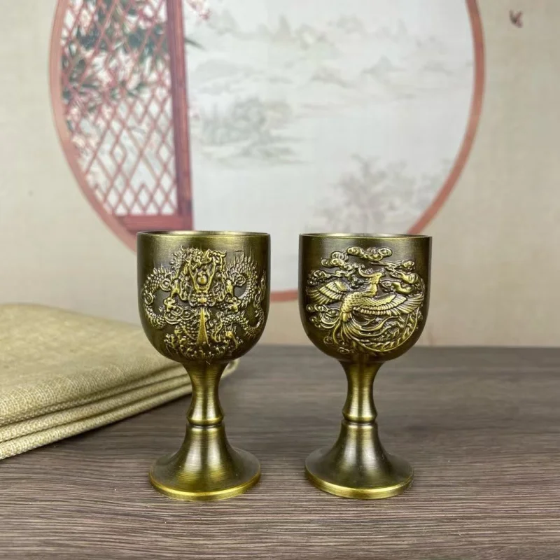 All-brass master , Hundred Blessings , Dragon and Phoenix cup, ancient five-grain abundance design, brushed finish, creati