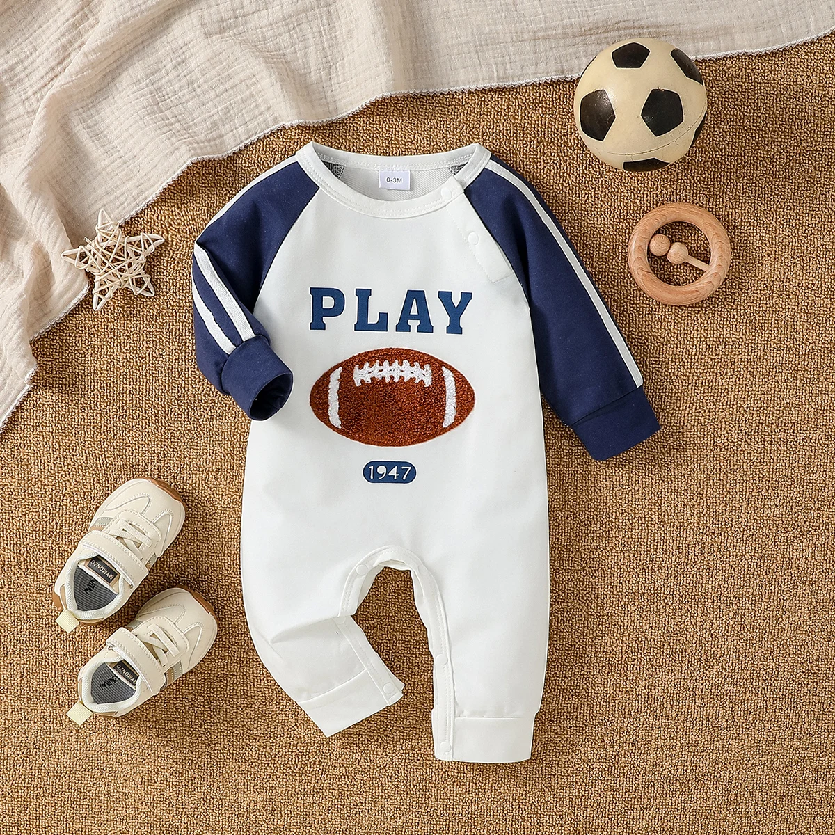 0-1Y Baby Boys Cotton White Fall Long Sleeve Print Letter &Rugby Fashion Sport Style Jumpsuit Casual Daily Wear