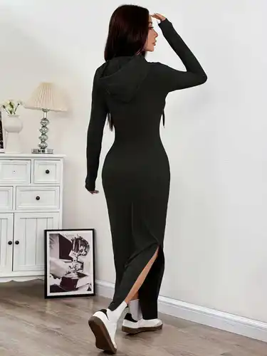 Imagen 2 del producto Primavera y otoño nuevo vestido de moda informal con capucha y rodilla cruzada larga