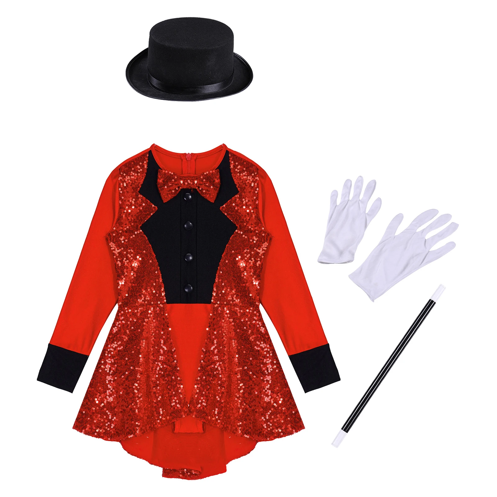 Halloween Magician Costume Girls Long Sleeve Shiny Sequins Leotard+Hat+Magic Wand+Gloves for Carnival Party Cosplay Performance